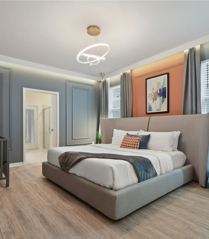 Luxury guest bedroom with layered furnishings